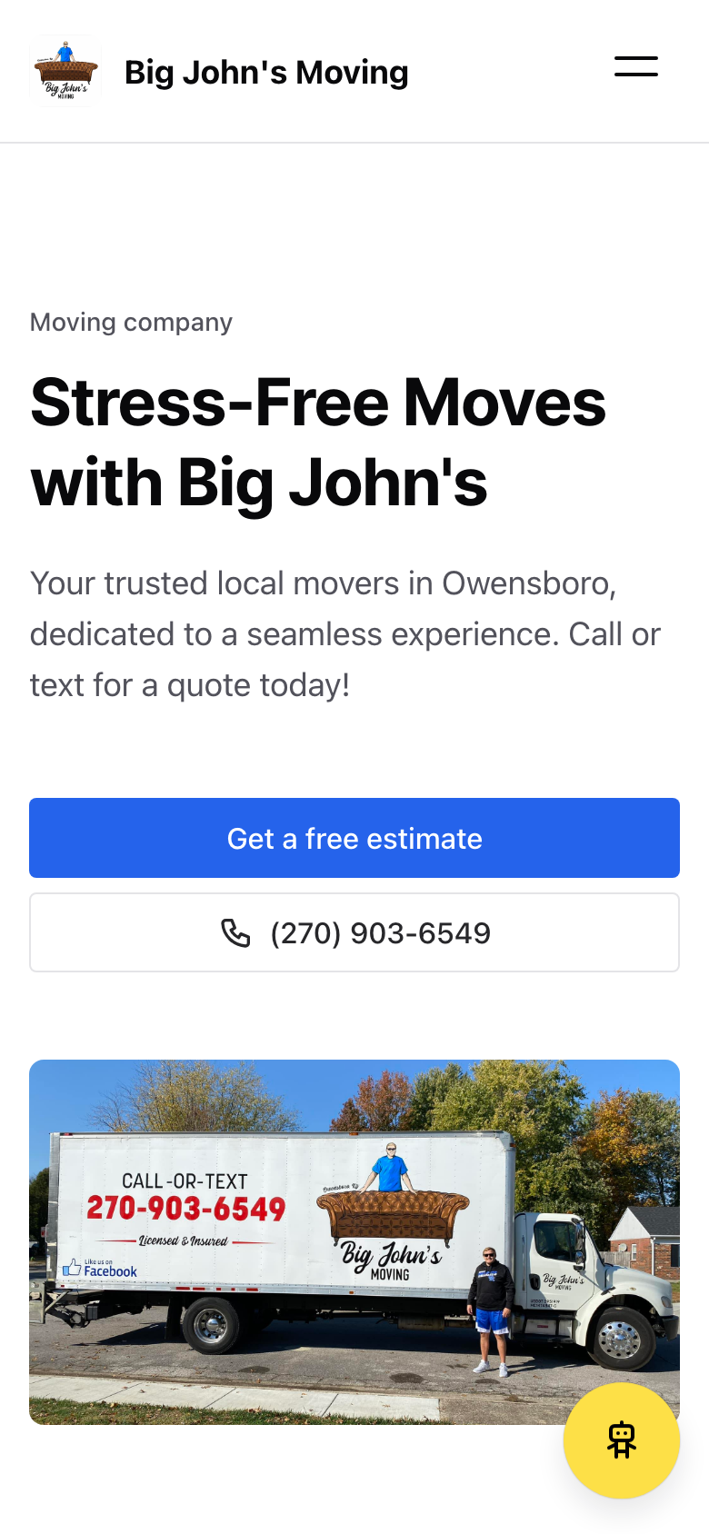 Big John's Moving website homepage on mobile